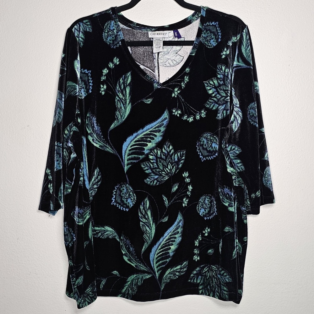 Catherines Womens 2XWP Black‎ Green Velvet Floral Whimsigoth Romantic Top Shirt